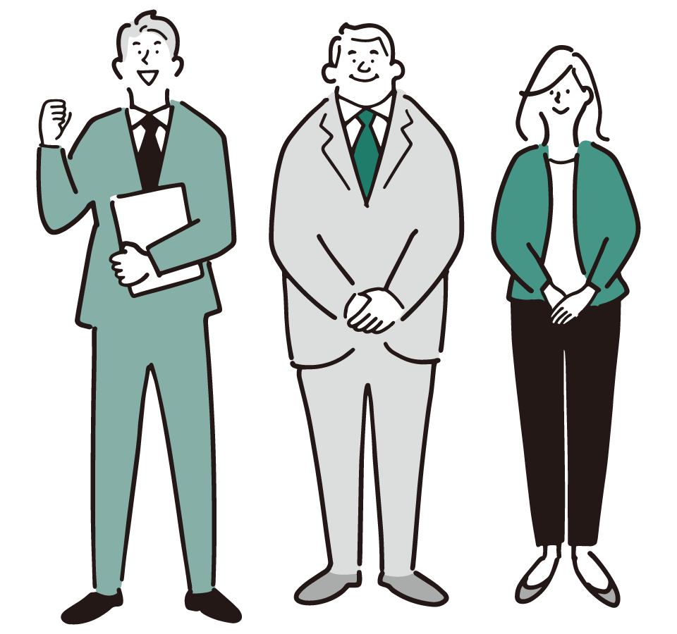 Three business professionals standing together: a man in teal suit holding a folder, a man in a gray suit, and a woman in a teal cardigan.